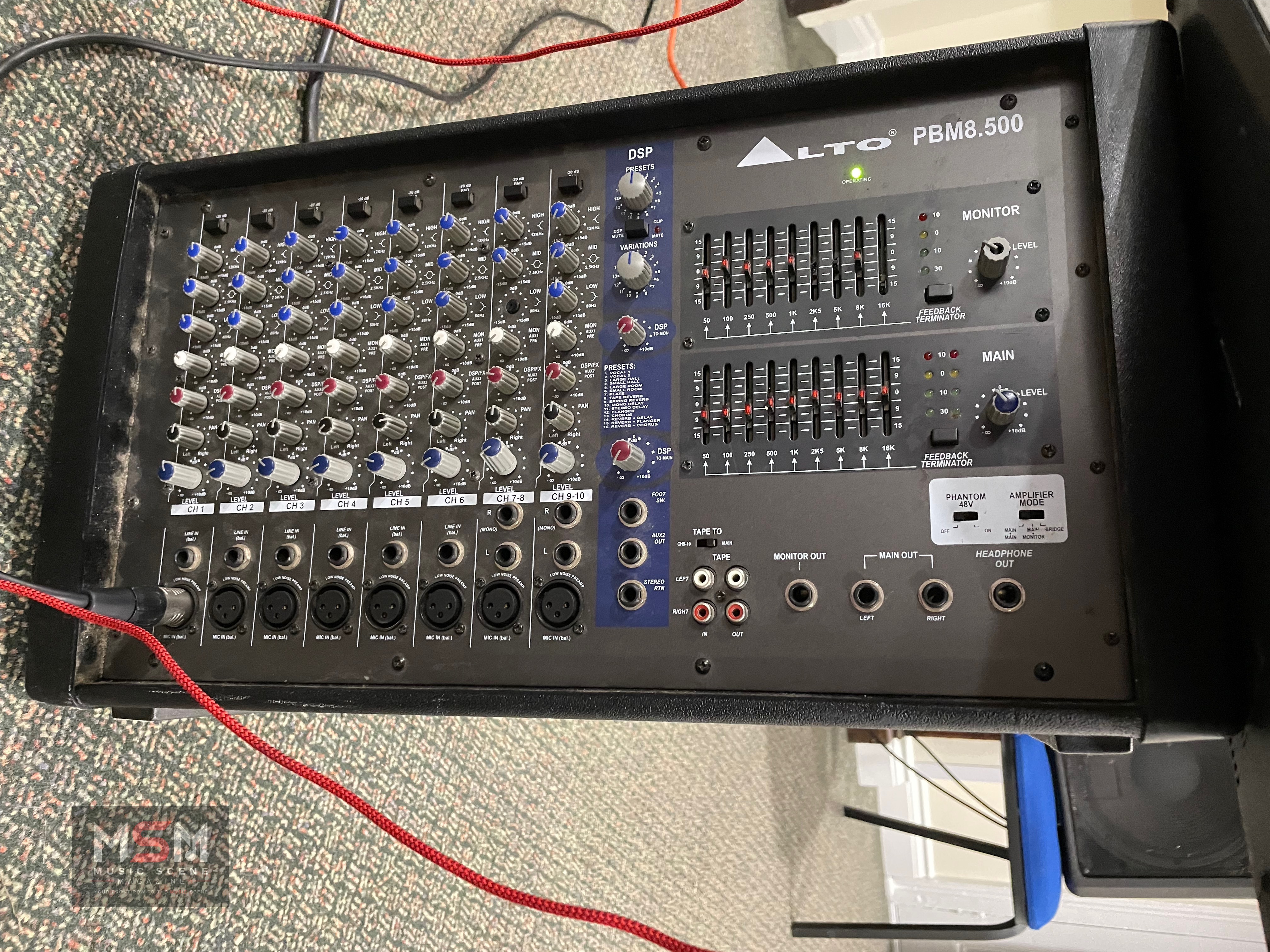 Compact rehearsal room mixing desk and PA setup used during band practice for Music Scene Magazine’s “So You Wanna Build a Band?” series.