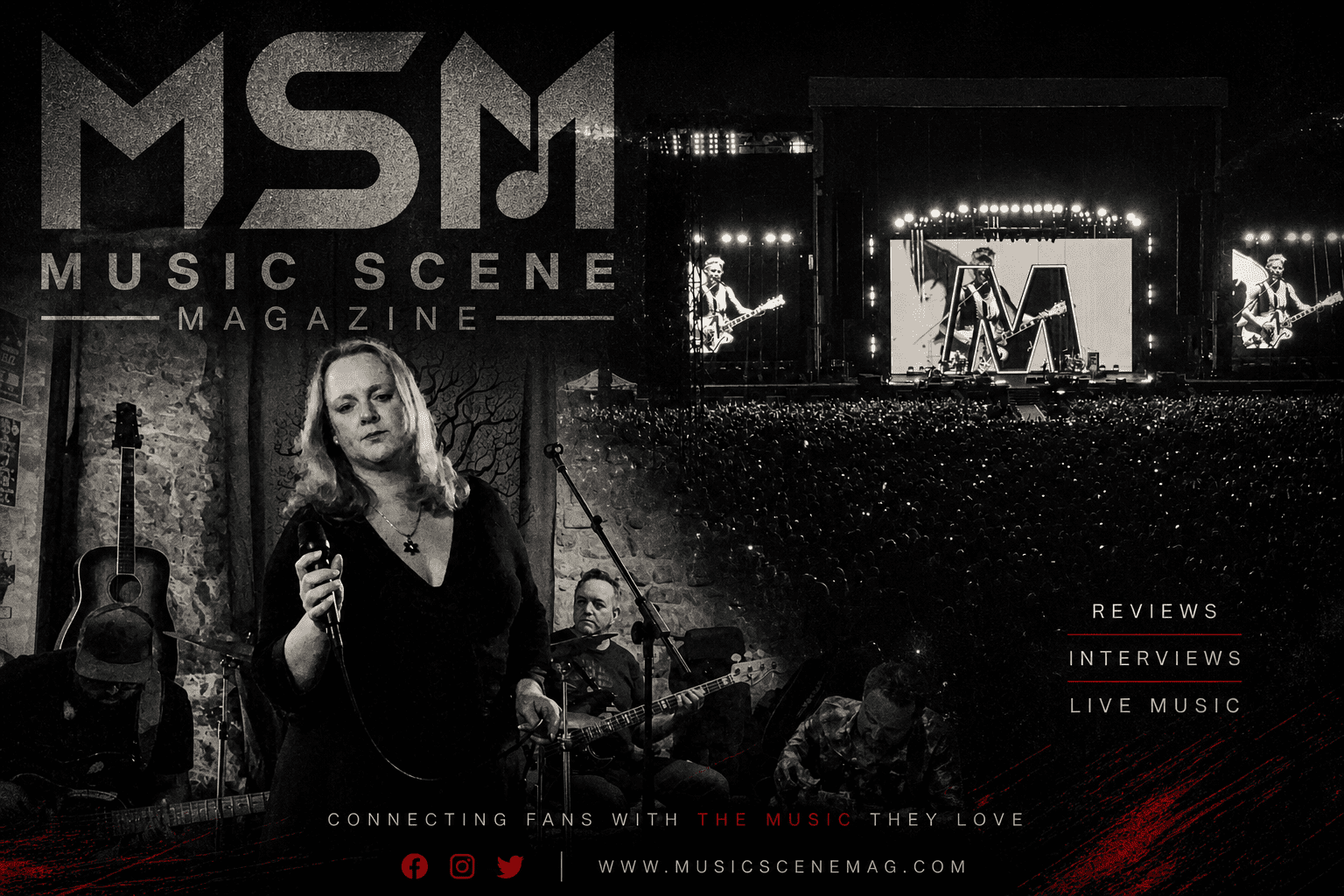 MSM Music Scene Magazine promotional artwork featuring female live music performer and concert crowd