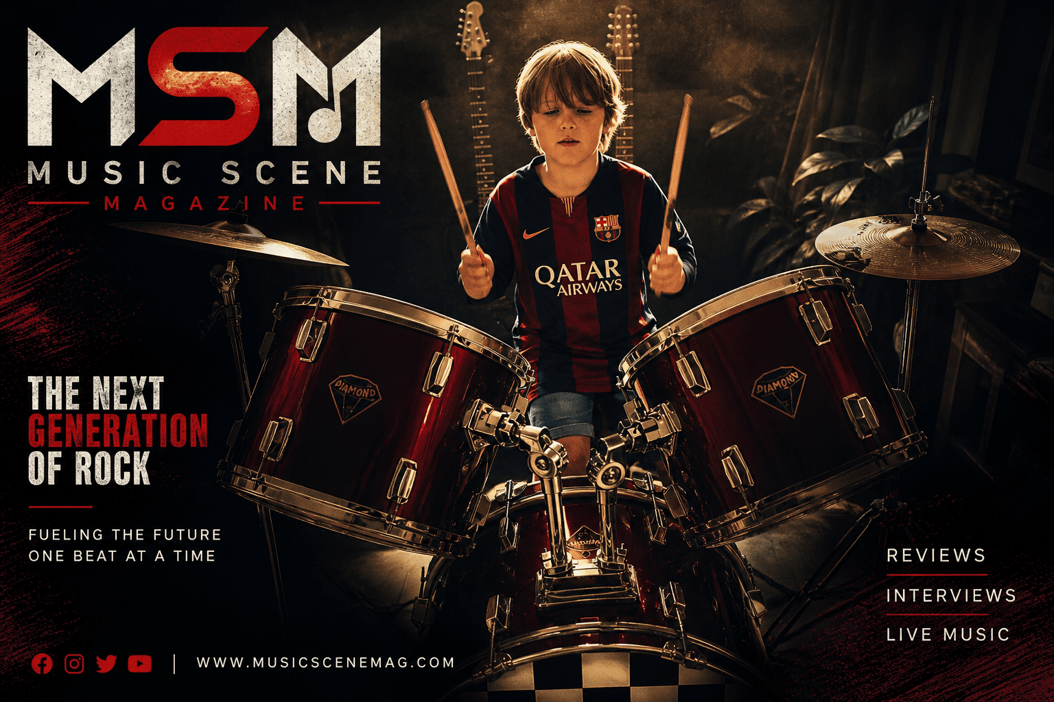 Young drummer playing a red drum kit in MSM Music Scene Magazine promotional artwork
