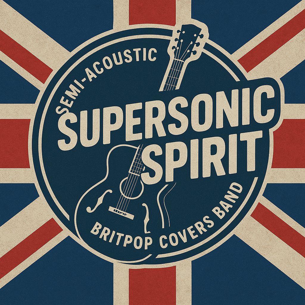 Supersonic Spirit Britpop covers band logo with Union Jack background and guitar graphic.