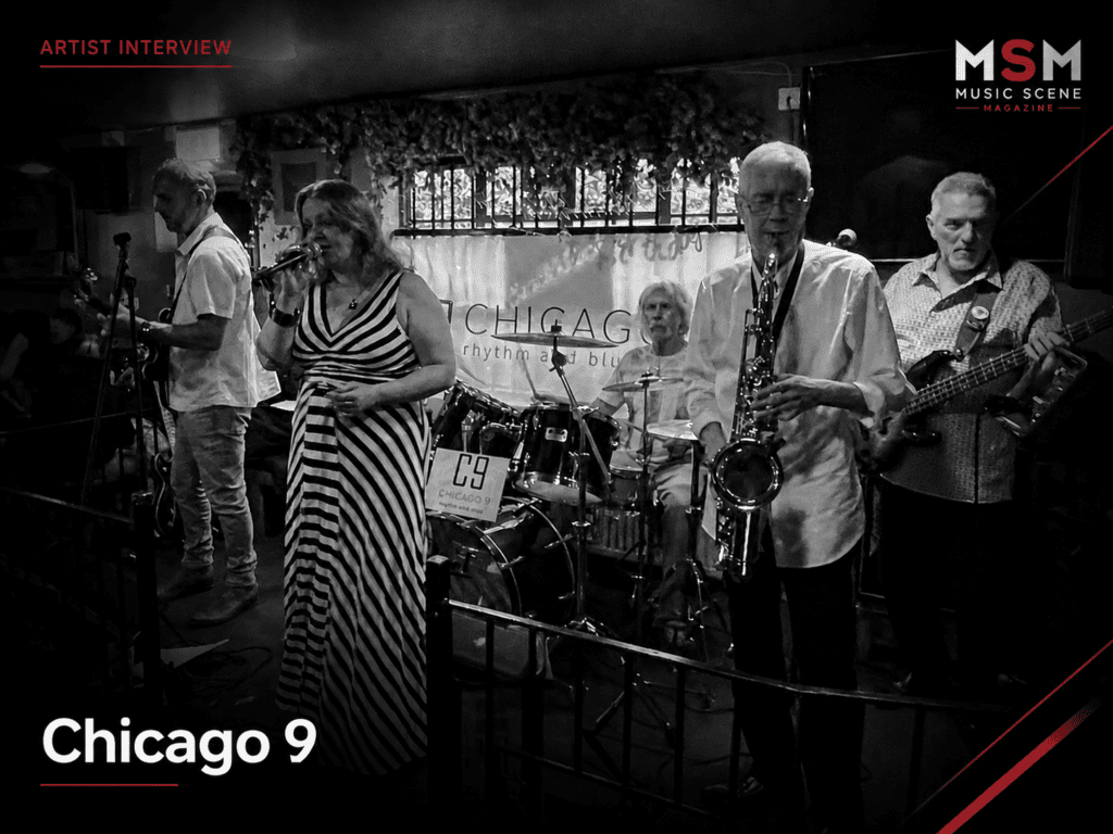 Chicago 9 blues band performing live on stage with vocalist, saxophonist and full band during an MSM artist interview feature