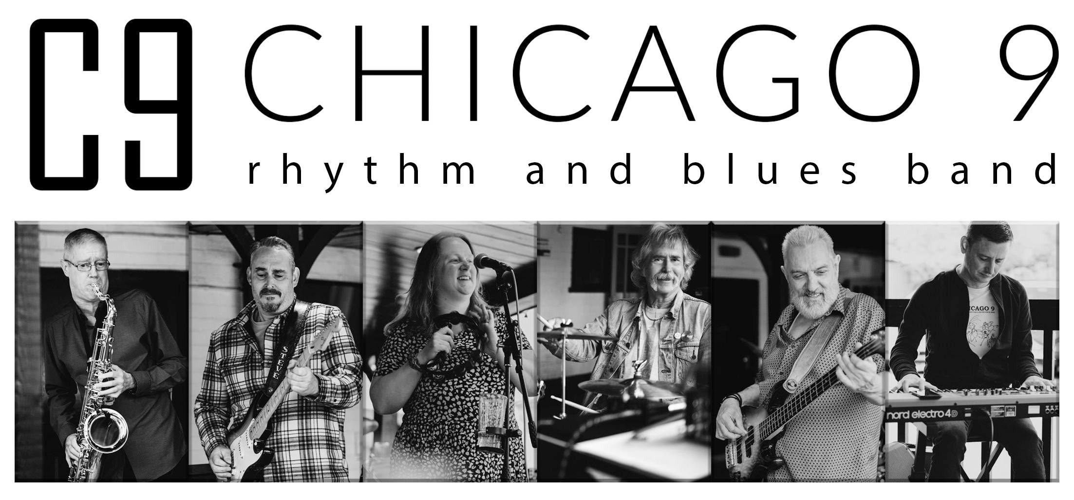 Promotional banner for Chicago 9 featuring a montage of the band's members and the Chicago 9 rhythm and blues band logo.