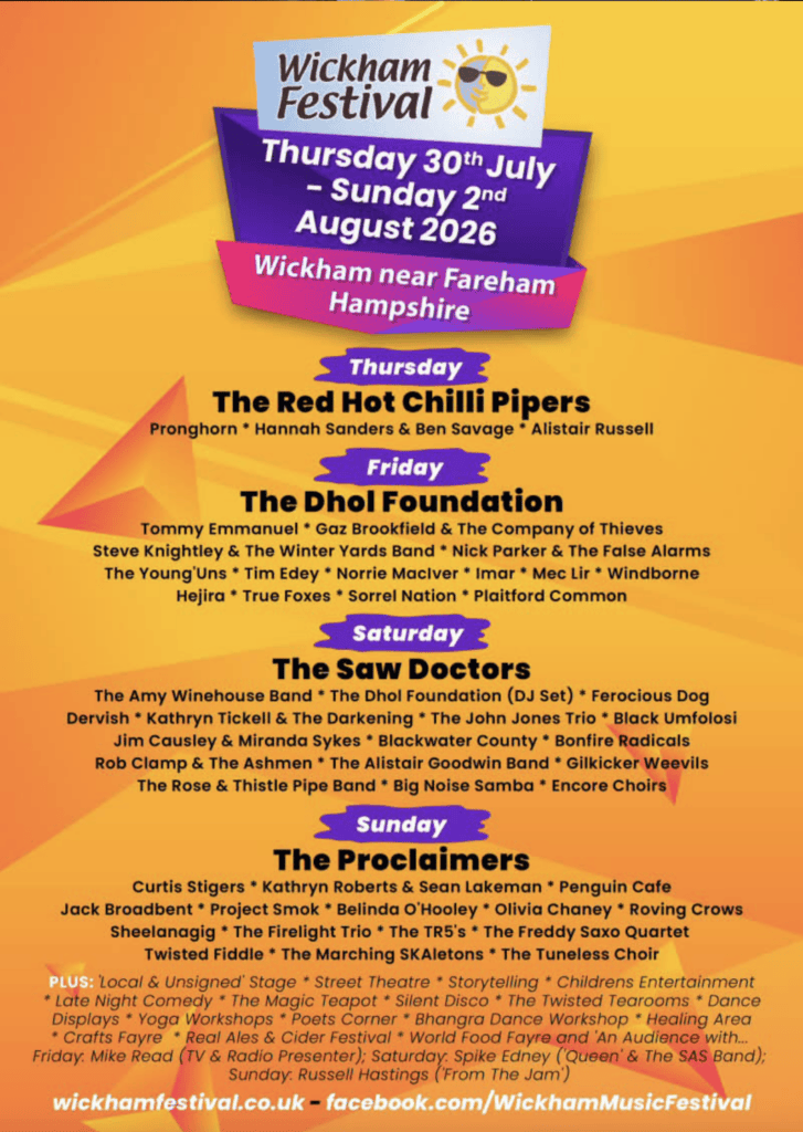Official Wickham Festival 2026 line-up poster showing festival dates, headliners and featured artists. Image supplied courtesy of Wickham Festival.